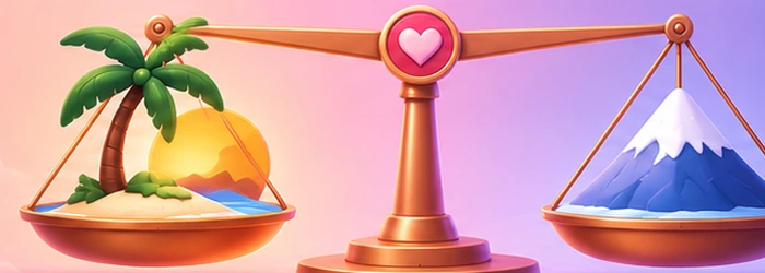 Heart-topped balance scale weighing a tropical island against a snowy mountain