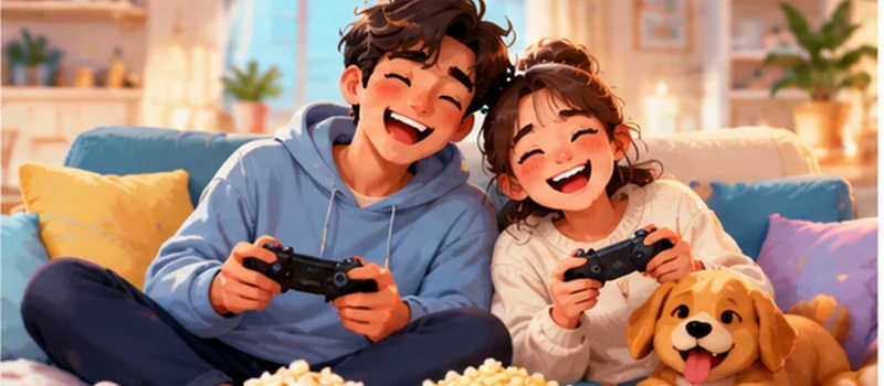 A couple laughing while playing video games on a sofa.