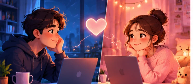A long-distance couple smiling at each other over a video call.