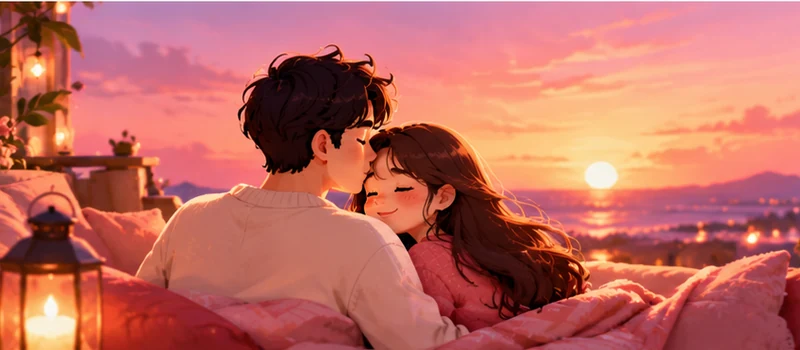 A couple cuddling under a blanket at sunset.