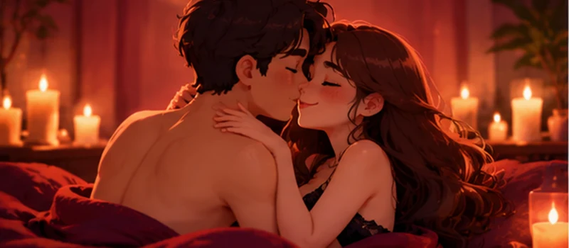 A couple kissing by candlelight.